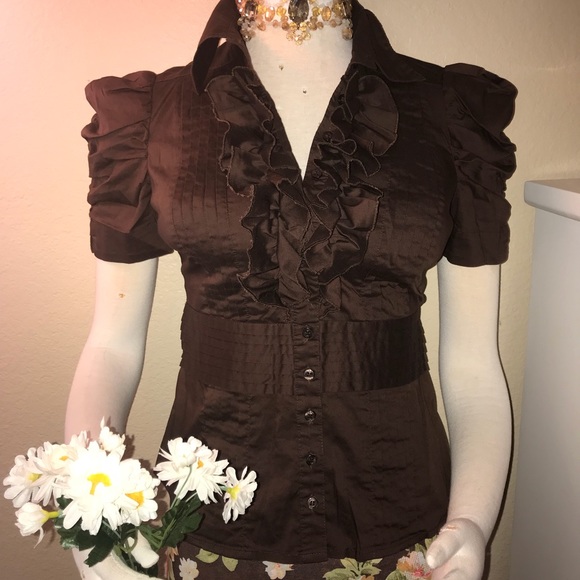 bebe Tops - Bebe Chocolate Ruffle Blouse w/Puff Sleeves